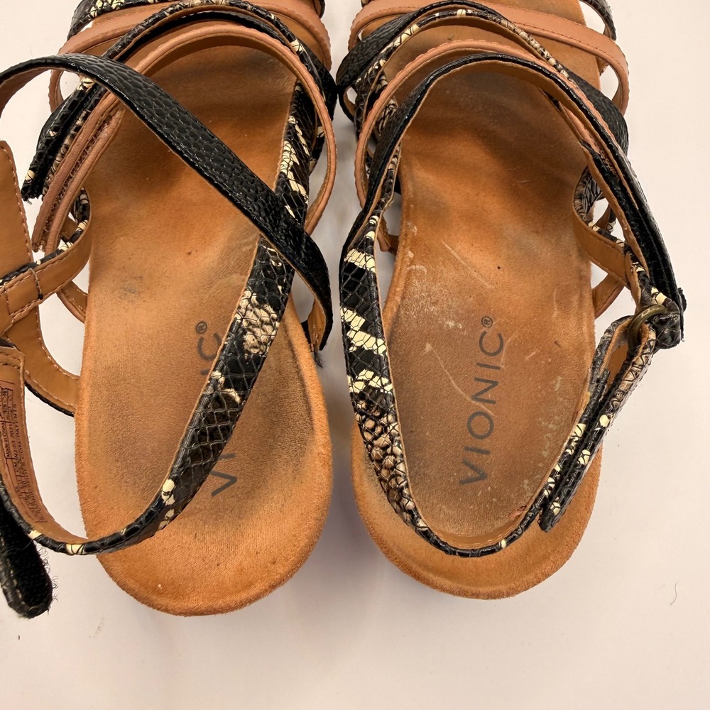 Vionic Tess Womens 8.5 Black Tan Snakeskin Multi Strap Cork Wedge Sandals‎ - Picture 2 of 6